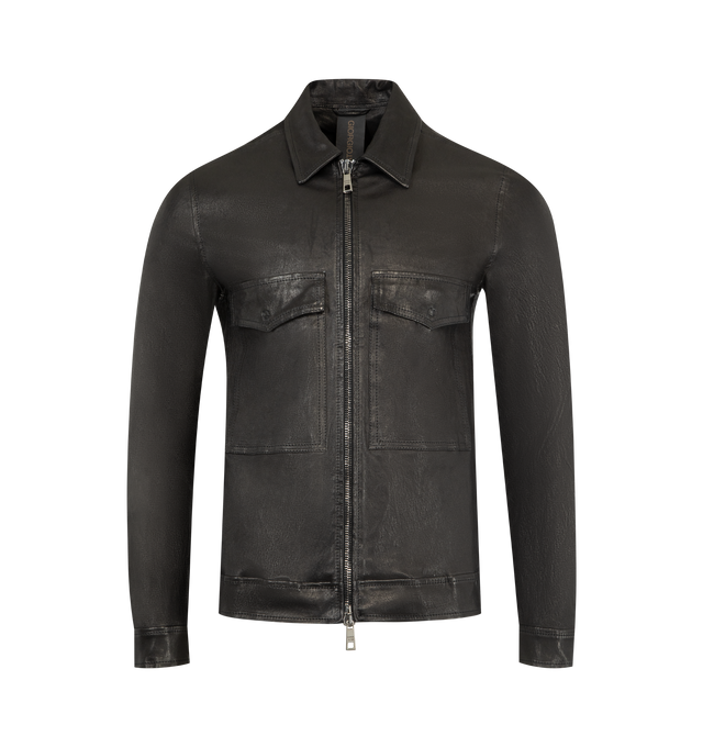 Image 1 of 3 - BLACK - GIORGIO BRATO Zip-Up Leather Jacket featuring two-way zip closure, two chest flap pockets, two side slit pockets, buttoned cuffs and classic collar. 100% calf leather. Made in Italy.