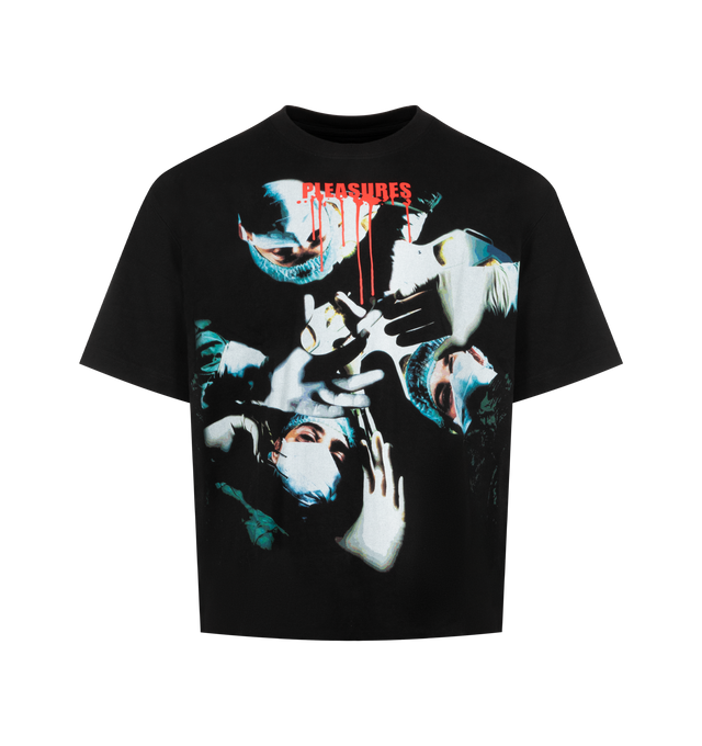 Image 1 of 2 - BLACK - PLEASURES Autopsy Heavyweight Shirt featuring short sleeves, crew neck, dropped shoulders and graphic on front. 100% cotton.