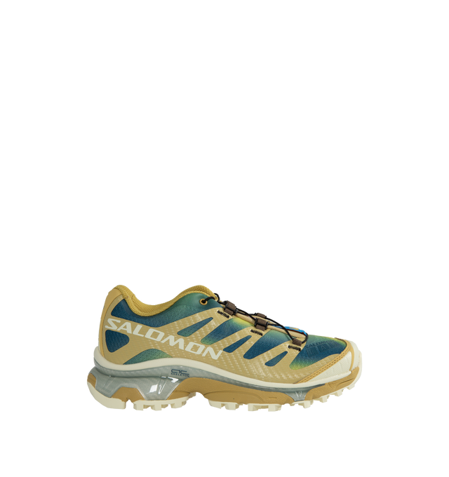 Image 1 of 5 - MULTI - SALOMON XT-4 OG Aurora Borealis Sneaker featuring anti-debris mesh/synthetic upper, Molded OrthoLite insole, Quicklace system, lace pocket, foot-forming SensiFit, abrasion-resistant TPU, Agile Chassis Skeleton stability, dual-density EVA cushioning, foam midsole , Mud Contagrip and rubber outsole. 