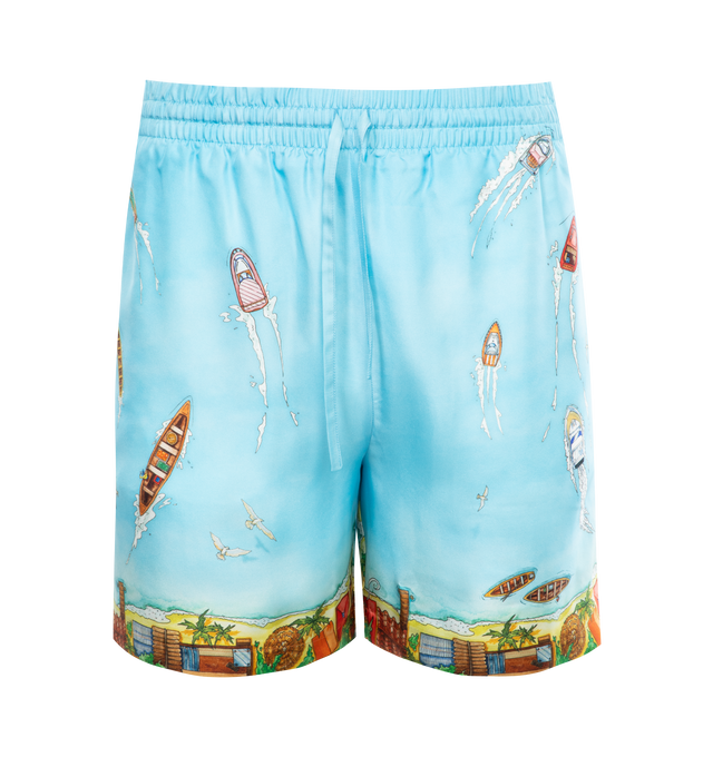 Image 1 of 3 - BLUE - CASABLANCA Silk Shorts featuring an elasticated waistband, drawstring, side and back pockets and have a loose fit. 100% silk. 