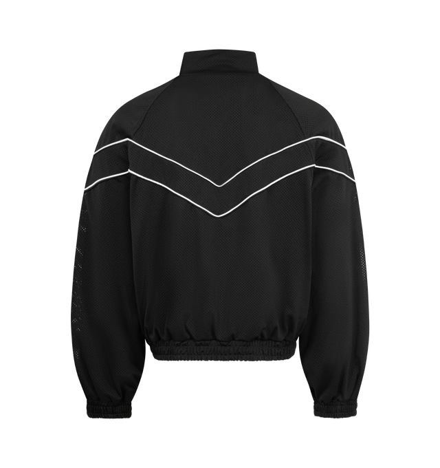 Image 2 of 3 - BLACK - RHUDE Mesh Poping Raglan Track Jacket featuring a cotton and polyester-blend taffeta, stand collar, versatile two-way zip closure, RHUDE logo is displayed on the chest, contrasting piping on front, sleeves, and back, welt pockets, elasticized hem and cuffs and fully lined. 100% polyester.