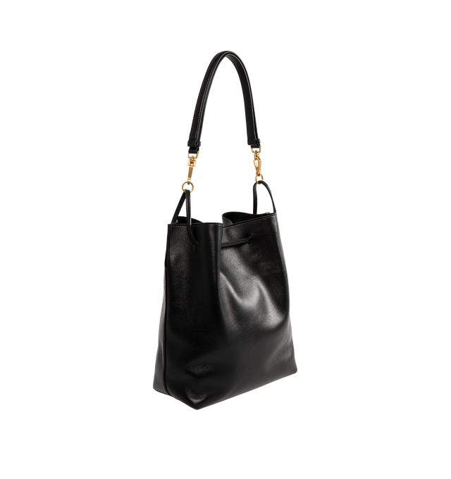 Image 2 of 3 - BLACK - Saint Laurent YSL Lambskin Pochon has a drawstring closure, a detachable leather strap, an interior pocket, and bronze tone hardware. 7.9 x 9.4 x 1.2 inches. Lined. 100% leather.