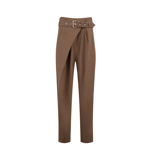 Image 1 of 3 - BROWN - Loewe Women's Trousers are crafted from lightweight cotton utility and feature an asymmetric draped front with a detachable leather-backed buckle belt. Designed with a relaxed, wide-leg silhouette, they are finished with a mid waist, concealed hook-and-button fastening, seam and welt pockets, and a LOEWE-embossed leather and suede patch at the back. Main Material: Cotton. Made in Italy.