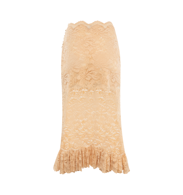 Image 2 of 2 - NEUTRAL - RABANNE Long Lace Skirt featuring lace-stretch fabric, straight cut, semi sheer, midi length and ruffle hem. 90% polyamide, 10% elastane. 
