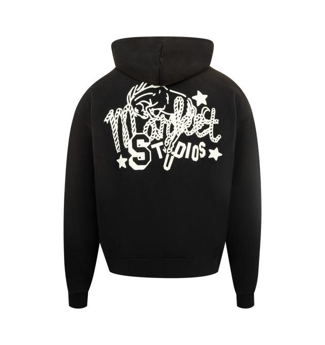 Image 2 of 2 - BLACK - MARKET Old West Graphic Hoodie featuring hooded pullover sweatshirt, western-inspired graphics, pouch front pocket, ribbing trims and boxy and oversized fit. 100% cotton.