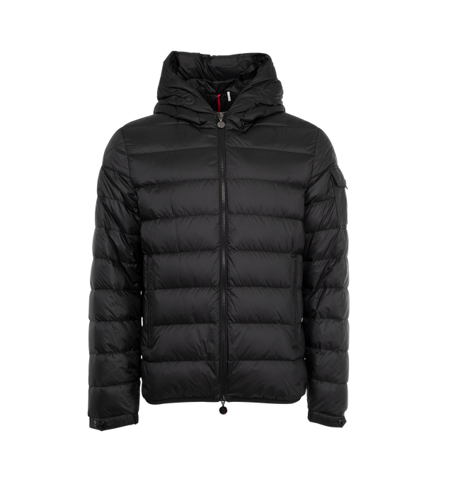 Image 1 of 3 - BLACK - MONCLER Najan Hooded Short Down Jacket featuring longue saison lining, down-filled, hood, zipper closure, zipped pockets, sleeve pocket with snap button closure, adjustable cuffs and quilted logo. 100% polyamide/nylon. Padding: 90% down, 10% feather.