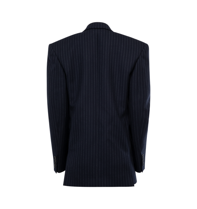 Image 2 of 4 - BLUE - SAINT LAURENT Pinstripe Blazer featuring double-breasted button closure, peaked lapels, four-button cuffs, chest welt pocket, front flap pockets, shoulder pads and lined. 96% wool, 2% cotton, 2% elastane. Made in Italy. 