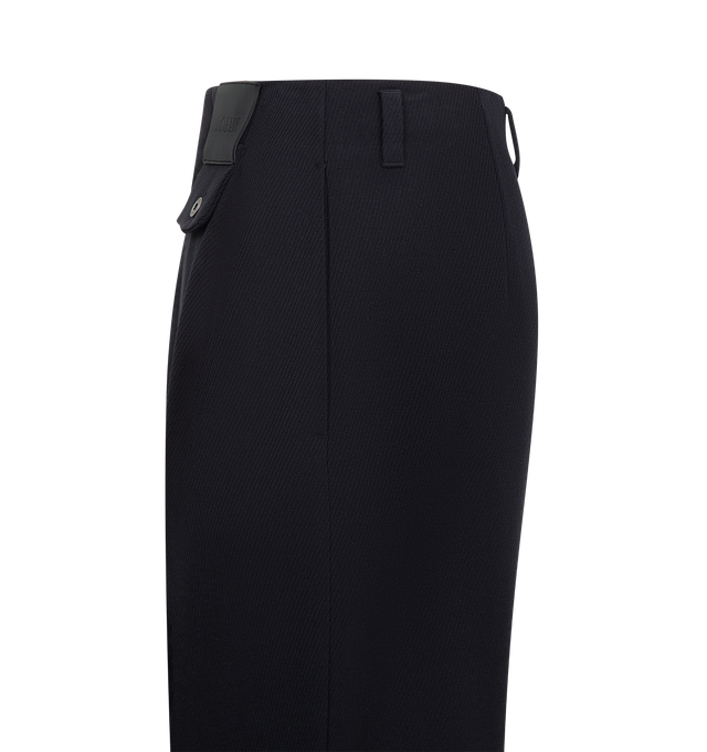 Image 3 of 3 - NAVY - LOEWE Trousers in medium-weight cavalry twill featuring pleats at the front, relaxed fit, regular length, mid waist, straight leg, concealed zip fly, buttoned coin pocket, seam pockets, rear patch pocket and LOEWE embossed leather patch placed at the front. Wool. Made in Italy.