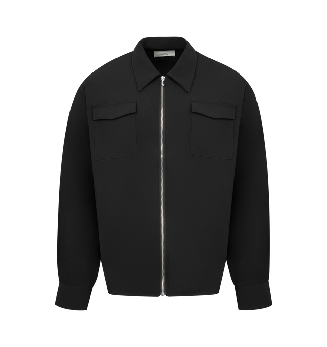 Image 1 of 2 - BLACK - SECOND LAYER Crosby St Zip Shirt featuring relaxed zip front over-shirt with 2 chest pockets, IMF stitch around collar and pocket flaps, split side gusset and ball chain zipper pull. Poly elastane blend. Made in Japan.