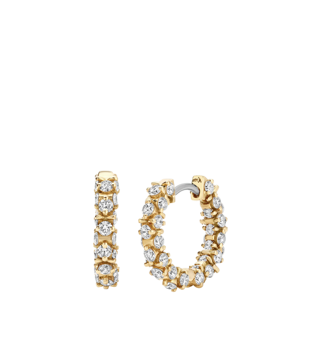 Image 2 of 2 - GOLD - OX Exo Hoops featuring natural diamonds flanked on all four sides and 18K yellow gold. Measurements: 15 mm x 2.8mm. Total Carat Weight: 1.73 tcw. Quality: E/F-VS natural diamonds. Shape: Round Brilliant. Hirshleifers offers a range of initial pieces from this collection in-store. For personal consultation and detailed information about jewelry, please contact our dedicated stylist team at personalshopping@hirshleifers.com.This item may be restricted for online purchase to international