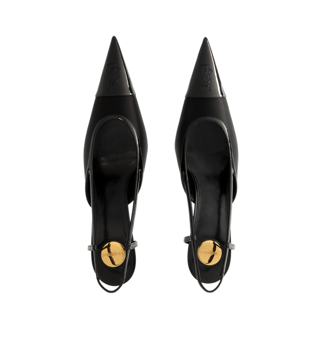 Image 4 of 4 - BLACK - Saint Laurent Women's Rene 75 Cassandre-Embroidered Satin Slingback Pumps are crafted from black satin with leather trim. The pointed-toe silhouette features tonal Cassandre embroidery, an elasticized slingback strap, and a slender stiletto heel. Upper: Satin and Leather. Sole: Leather. Heel Height: 75 mm / 3 in. Made in Italy.