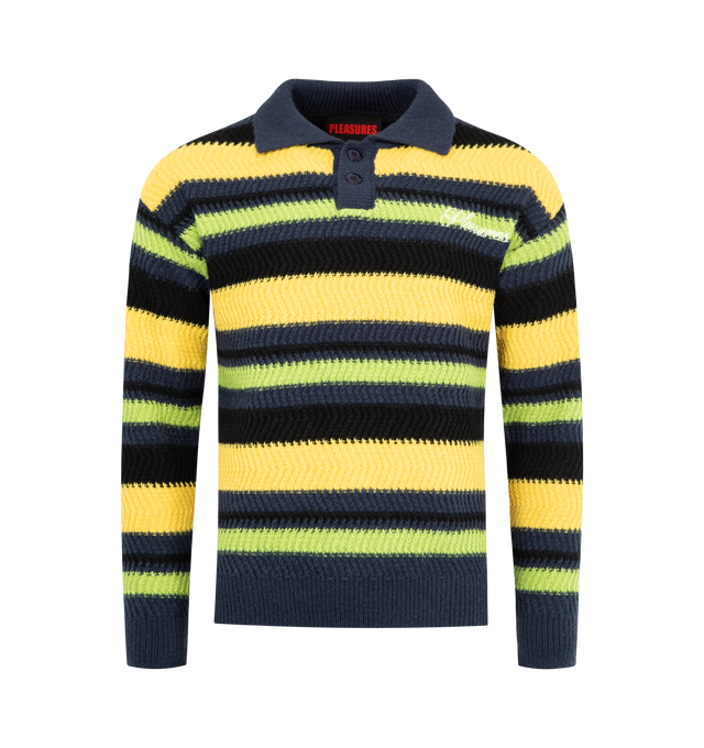 Image 1 of 2 - YELLOW - PLEASURES Cooper Striped Polo Sweater featuring polo collar, three-button placket, long sleeves, logo at left chest and allover striped pattern. 100% polyester.