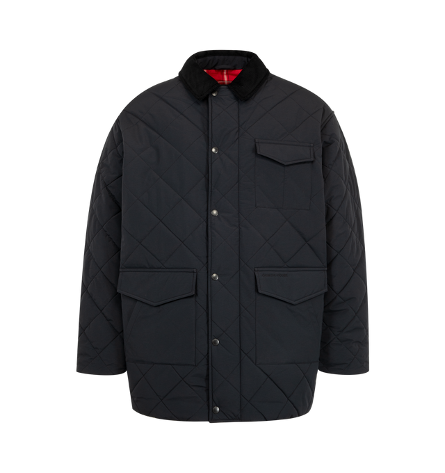 Image 1 of 3 - BLACK - Canada Goose Terra Coat is crafted from durable two-layer woven nylon with windproof and water-repellent properties for protection in cold, changing conditions. Designed with an intentionally oversized fit and mid-thigh length for easy layering and added coverage, this designer coat features contrasting corduroy at the collar and cuffs, a zip-front closure concealed by a snap-button placket, and multiple functional pockets throughout. Main Material: 100% Recycled Polyamide. Fill: 100%