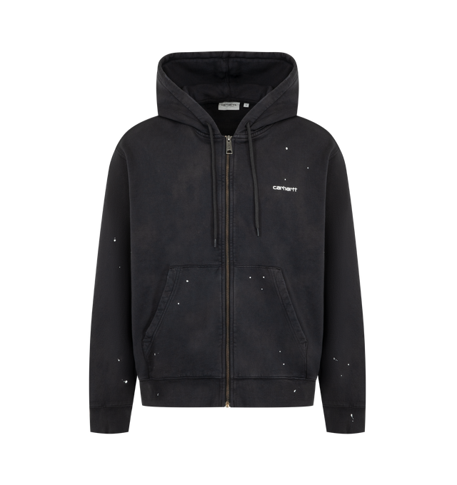 Image 1 of 2 - BLACK - CARHARTT WIP Hooded Painter Jacket featuring heavyweight cotton jersey with a brushed, fleece-like backing, boxy fit, dropped shoulders, ribbed trims, intentionally distressed, worn-in finish with paint accents throughout and an embroidered Script Logo appears on the chest. 100% cotton sweat.