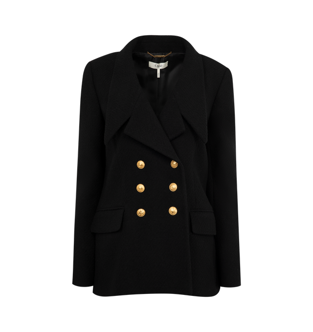 Image 1 of 2 - BLACK - CHLOE Double-Breasted Tailored Jacket featuring gold-tone buttons at front and cuffs and front flap pockets. 95% wool, 4% polyamide, 1% elastane. Lining: 100% silk.
