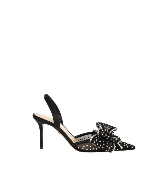 Image 1 of 5 - BLACK - MACH & MACH Le Cadeau Crystal Mesh Slingback featuring an elasticated slingback strap, a high stiletto heel, crystal embellishments and bow detailing. The heel height measures 85mm. Made in Italy.