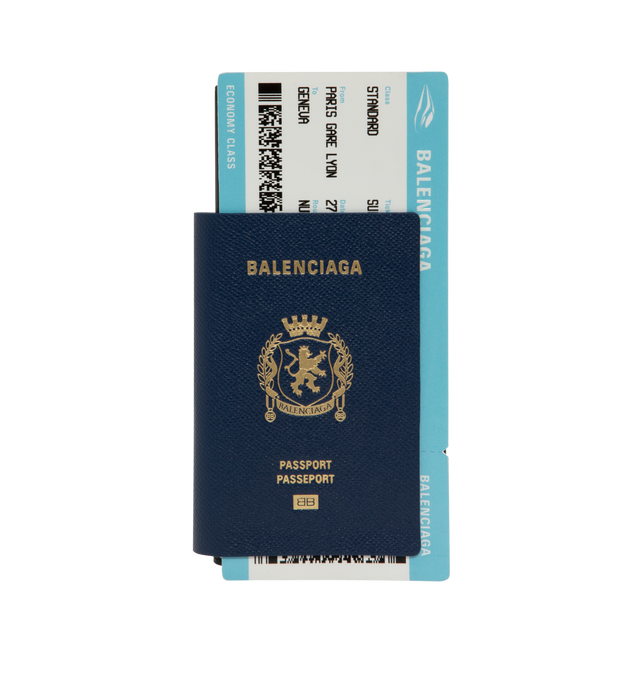 Image 1 of 3 - BLUE - BALENCIAGA Passport Long Wallet featuring semi matte soft textured calfskin, long wallet, Balenciaga logo and one trompe l'il ticket printed at front, 1 zipped coin purse, 2 bill pockets and 6 card slots. L3.9 x H7.9 x W0.6 inches. Calfskin, cellulose, polyurethane. Made in Italy.