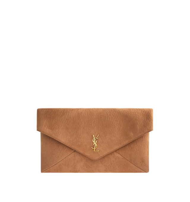 Image 1 of 3 - BROWN - SAINT LAURENT Large Envelope Pouch featuring leather lining, bronze-tone hardware and magnetic snap closure. 11.6" x 7.1" x 1.8". Calfskin. Made in Italy.