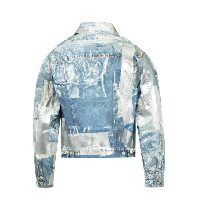 Image 2 of 3 - BLUE - ACNE Trompe-l'il Denim Jacket featuirng ready-to-dye cotton canvas with a brushed face, trompe-l'il tape print to mimic mended tears, with additional tape appliqu for texture, branded buttons, chest and side pockets, adjustable waist and sleeve tabs, fitted silhouette with cropped sleeves and waist-length hem. 100% cotton.