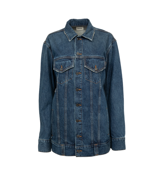 Image 1 of 4 - BLUE - KHAITE Ross Jacket featuring elongated lines, refined fit, marigold topstitching and antiqued nickel buttons. 100% cotton. 