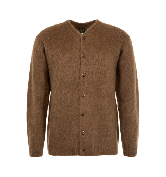 Image 1 of 2 - BROWN - Needles Men's Mohair Crew Neck Cardigan is crafted from a mohair-blend knit and features a classic crew neckline, button-front closure, and a relaxed silhouette. Designed for lightweight warmth and a soft brushed texture, this signature cardigan is finished with ribbed trims for a clean, versatile fit. Main Material: 55% Mohair, 30% Nylon, 15% Wool. Made in Japan.