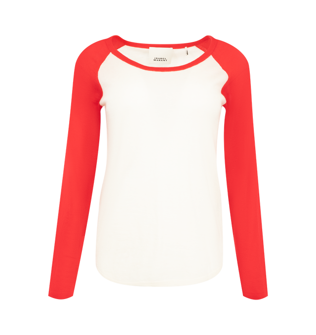 Image 1 of 2 - RED - Isabel Marant Long Sleeve Tee is crafted in a cotton material, wide neckline, and red sleeves for a pop of color. Main Material: Cotton.