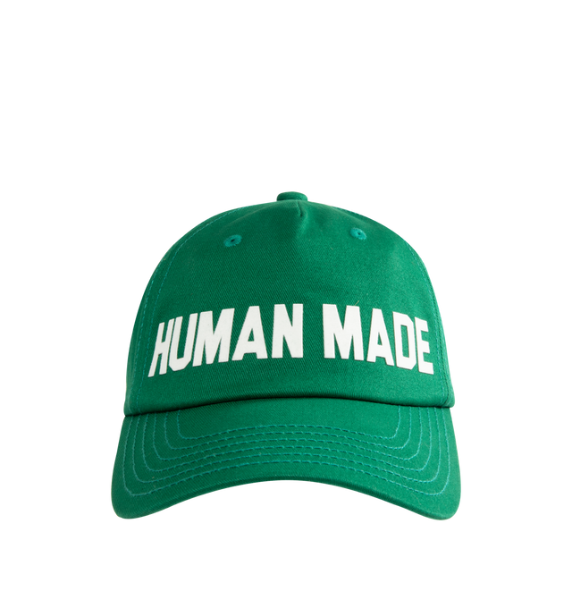 Image 1 of 3 - GREEN - HUMAN MADE 5 Panel Twill Cap featuring a classic Human Made logo on the front and an adjustable strap on the back. 100% twill fabric. Made in Japan.