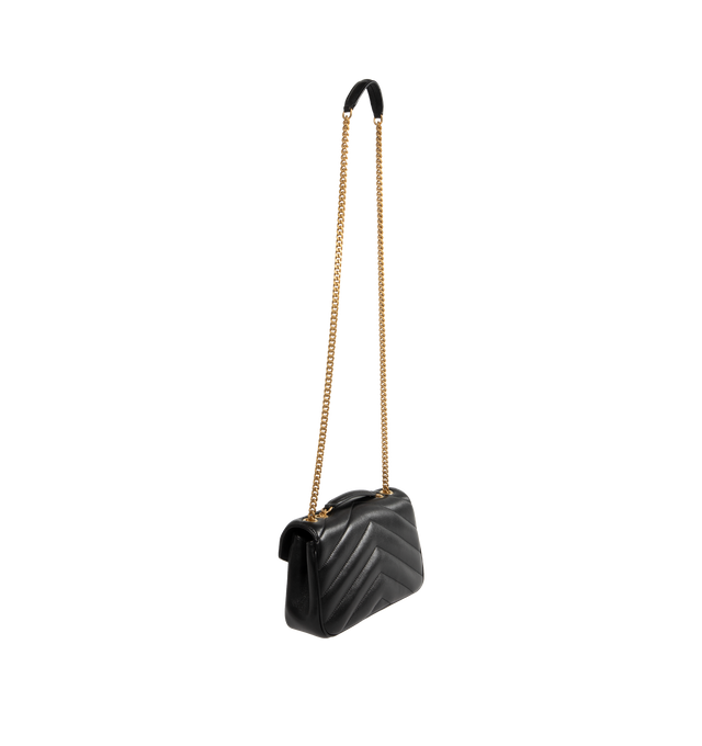 Image 3 of 4 - BLACK - SAINT LAURENT Loulou Small Bag featuring chain bag in soft lambskin with chevron-quilted topstitching, a removable leather pouch and pocket mirror, a sliding chain strap, grosgrain lining, bronze-toned hardware, magnetic snap closure and one flat pocket. 9.4" x 5.5" x 2.4". 90% lambskin, 10% brass. Made in Italy.