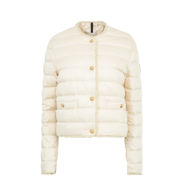 Image 1 of 3 - WHITE - MONCLER Fleurs Boucl-Trimmed Short Down Jacket featuring water-repellent main fabric, longue saison lining, boucl trim, down-filled, snap button closure, pockets with button closure and leather logo patch. 100% polyamide/nylon. Padding: 90% down, 10% feather.