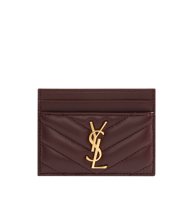 Image 1 of 3 - RED - SAINT LAURENT Monogram Card Case featuring five card slots, gold tone hardware, cassandre and chevron-quilted overstitching. 4 X 2.8 X 0.1 inches. 100% lambskin. Made in Italy.