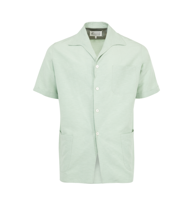Image 1 of 2 - GREEN - MAISON MARGIELA SS Shirt featuring front button fastening, chest patch pocket, two side patch pockets and spread collar. 54% acetate, 37% cotton, 9% linen/flax.