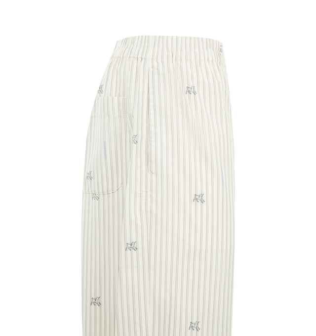 Image 3 of 3 - WHITE - JACQUEMUS Pyjama Pant featuring mid-rise, lightweight cotton jacquard with pyjama stripes, cross-stitch lamb embroidery, relaxed straight fit, elasticated waistband, side-seam pockets, buttoned fly with flap and two visible buttons on the waist, patch pocket on the back, unlined and Mother-of-pearl buttons. 100% cotton.