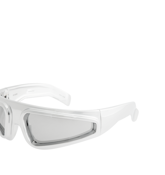 Image 3 of 3 - SILVER - RICK OWENS Ryder Sunglasses featuring wraparound frames, bold straight eyebrow ridge, deep set lenses edged with a thick protruding frame and thick angled arms with logo on inside right. 100% UV protection. Nylon. Made in Italy.