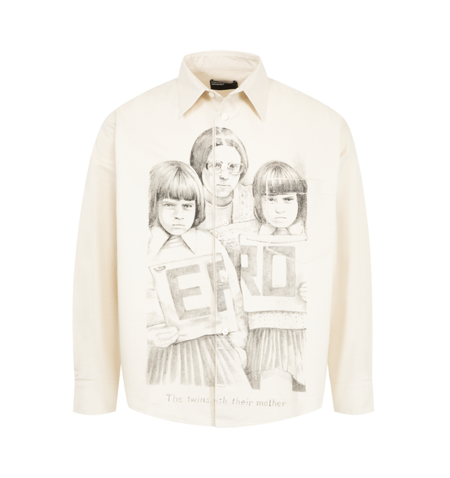 Image 1 of 2 - WHITE - Enfants Riches Dprims Men's Printed Cotton Dress Shirt is crafted from Italian cotton shirting and features a pointed collar, mother-of-pearl button closure, a chest pocket, printed artwork at the front, patchwork repair detailing at the elbow, intentional distressing throughout, and a curved hem. Main Material: Cotton. Made in Italy.