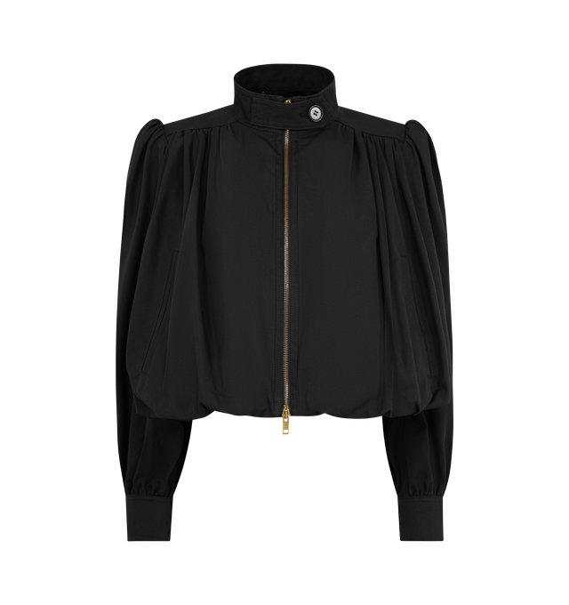 Image 1 of 4 - BLACK - CHLOE Gathered Boule Jacket in cotton canvas featuring a high collar, front zipper, engraved horn buttons at collar & cuffs, side pockets and gathered shoulders. 100% cotton.