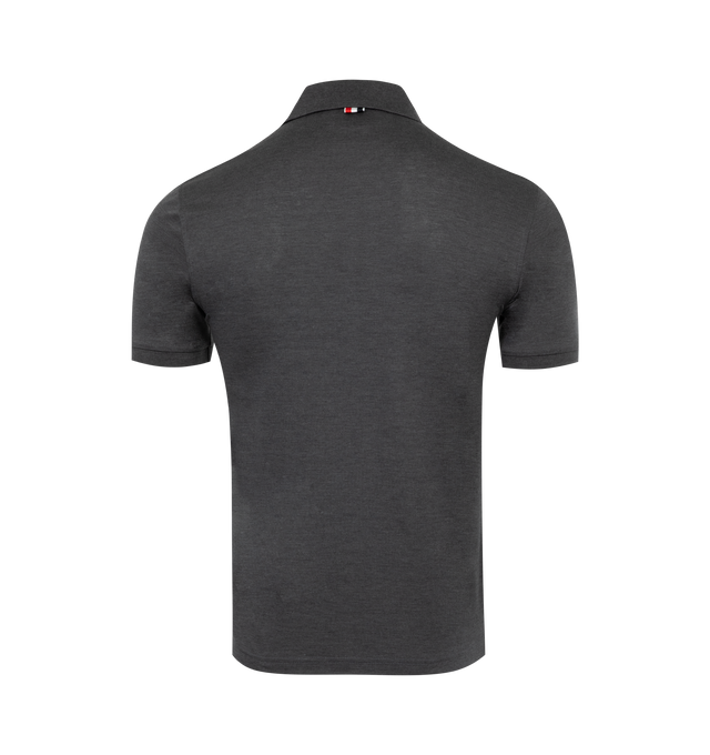 Image 2 of 2 - GREY - THOM BROWNE Pique Polo Shirt has a five-button polo collar, stripe detail chest pocket, grosgrain loop tab, button side vents, and signature nametag. Mercerized cotton.  