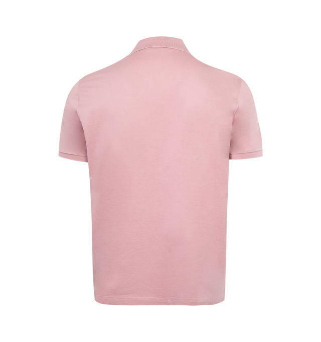 Image 2 of 2 - PINK - MONCLER Zip Up Polo Shirt featuring short sleeves, tonal knit collar and cuffs, zipper closure, embossed logo lettering and synthetic material logo patch. 