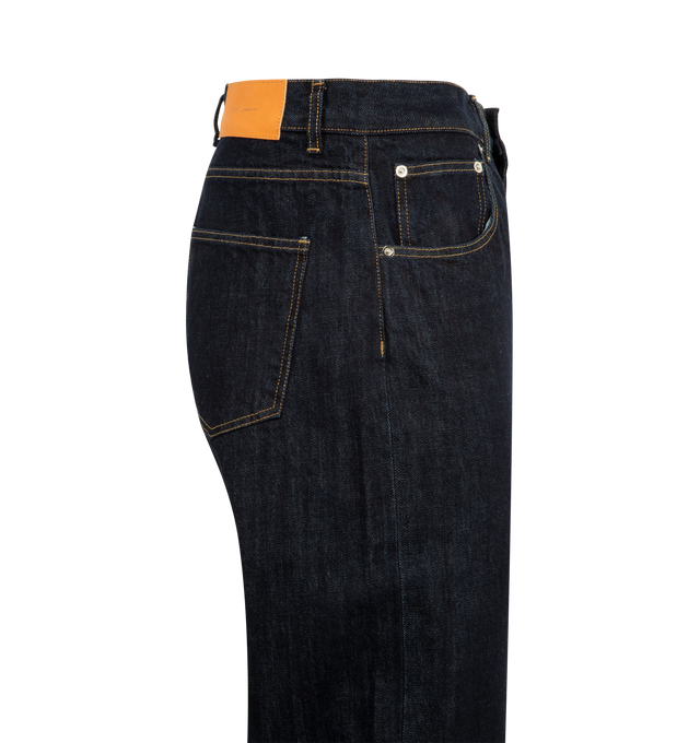 Image 3 of 3 - BLUE - SECOND LAYER Big Papi Denim Pant featuring relaxed classic fit Italian selvage denim pant with branded waistband button shank closure, leather back patch, zip fly, raw selvage indigo denim and longer classic rise with a relaxed fit. Cotton.