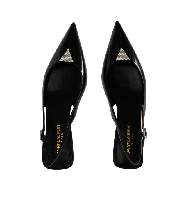 Image 4 of 4 - BLACK - SAINT LAURENT  SLINGBACK PUMPS WITH A POINTED TOE AND RHINESTONE TRIANGLE DETAIL, FEATURING A KITTEN HEEL AND ADJUSTABLE SLINGBACK STRAP WITH RHINESTONE BUCKLE. TOTAL HEEL HEIGHT: 3 CM / 1.1 INCHES. 90% CALFSKIN LEATHER, 10% CRYSTAL WITH  LEATHER SOLE.  MADE IN ITALY. 