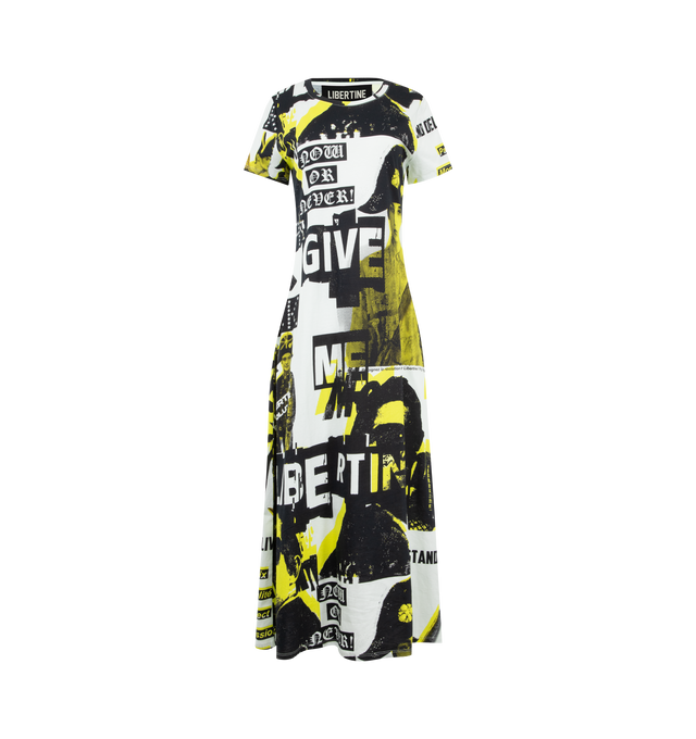 Image 1 of 2 - YELLOW - LIBERTINE Paix Print T-Shirt Dress featuring short sleeves, crew neck, relaxed fit, long length and printed graphic throughout. 100% cotton.