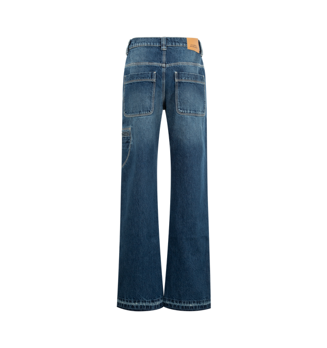 Image 2 of 3 - BLUE - ISABEL MARANT Jeyda Pants featuring 5-pocket topstitched organic cotton denim jeans with rivets, fitted waistband with loops, two engraved metal buttons and a hidden zipper, contrasting "IM" embroidery inside the right pocket, medium-rise waist and straight legs. 100% cotton.