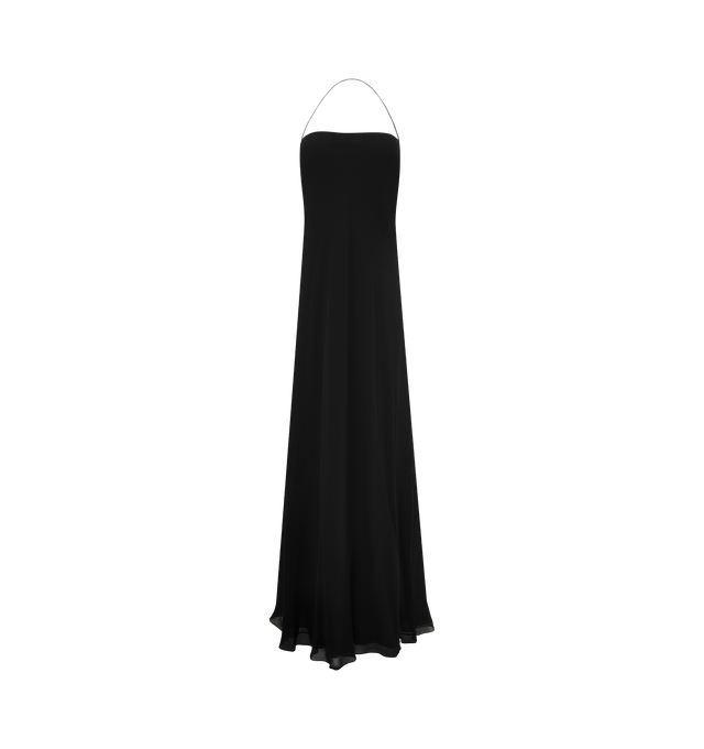 Image 1 of 4 - BLACK - The Row Women's Javier Dress is crafted from lightweight silk georgette and features a bias-cut silhouette with a fitted waist, flared hem, and a squared neckline accented by a slim halter strap. This designer silk dress combines exceptional Italian craftsmanship with an airy, fluid drape, creating an effortlessly elegant silhouette for day-to-evening occasions. Main Material: 100% Silk. Made in Italy.