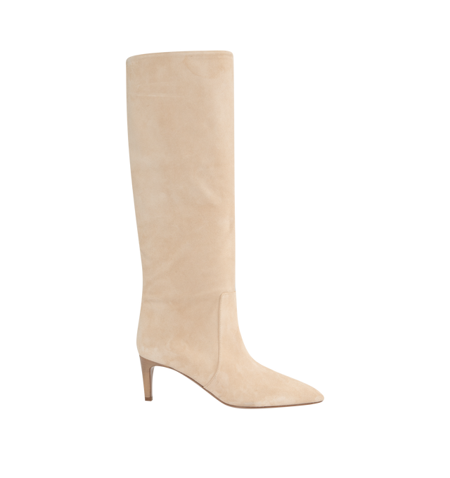 Image 1 of 4 - WHITE - PARIS TEXAS Knee-high Suede Boots featuring pointed toe, grained leather lining, stacked leather kitten heel with rubber injection and leather sole. H2.5". Upper: leather. Sole: leather, rubber. Made in Italy. 