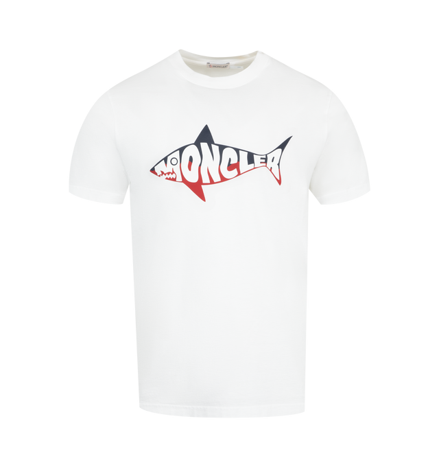 Image 1 of 3 - WHITE - MONCLER Shark Logo Cotton T-Shirt featuring organic cotton jersey, crew neck, short sleeves and printed shark logo motif. 100% cotton.