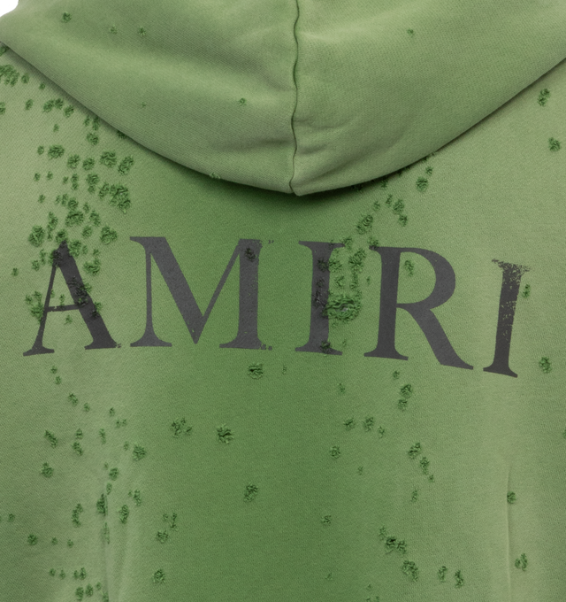 Image 4 of 4 - GREEN - AMIRI MA Logo Shotgun Zip Hoodie featuring double zip front closure, ribbed hem and cuff, distressing throughout and logo on front and back. 100% cotton. 