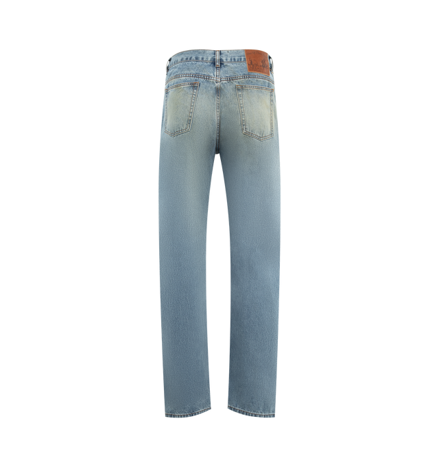 Image 2 of 4 - BLUE - ONE OF THESE DAYS All Over Print Straight Leg Jeans featuring zip fly and button closure, 5-pocket styling, printed graphic detail and intentionally faded denim. 100% cotton.
