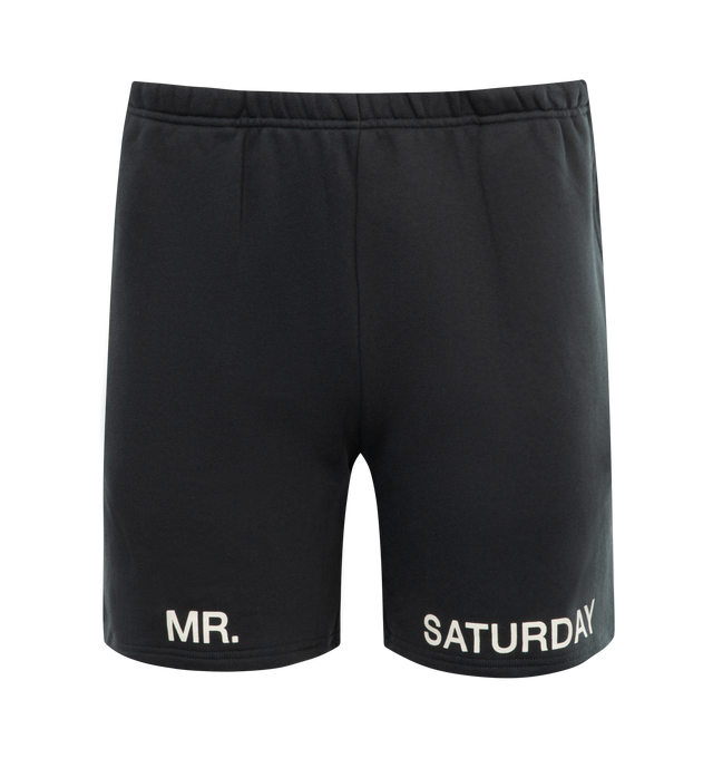 Image 1 of 3 - BLACK - MR. SATURDAY Core Sweat Short featuring elasticated waist, patch pocket on rear, screen printed graphic on thighs and back pocket. 100% cotton. 