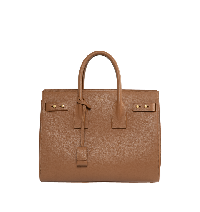 Image 1 of 3 - BROWN - SAINT LAURENT Sac De Jour Small in Supple Grained Leather featuring suede lining, accordion sides, detachable padlock in leather case, interior zipped pocket, five metal feet and detachable shoulder strap. 12.5 X 10 X 6.1 inches. 95% calfskin leather, 5% metal. Made in Italy.  