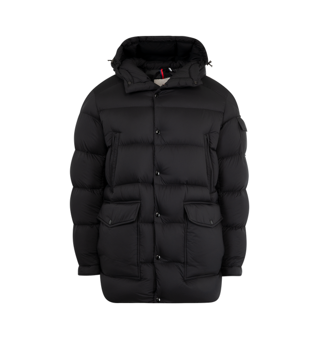 Image 1 of 3 - BLACK - MONCLER Bretagne Hooded Short Down Jacket featuring water-repellent main fabric, longue saison lining, down-filled, adjustable hood, zipper and snap button closure, chest pockets with zipper closure, patch pockets with snap button closure, sleeve pocket with snap button closure, inside zipped pocket, waistband with drawstring fastening and adjustable cuffs. 100% polyamide/nylon. Padding: 90% down, 10% feather. Made in Romania.