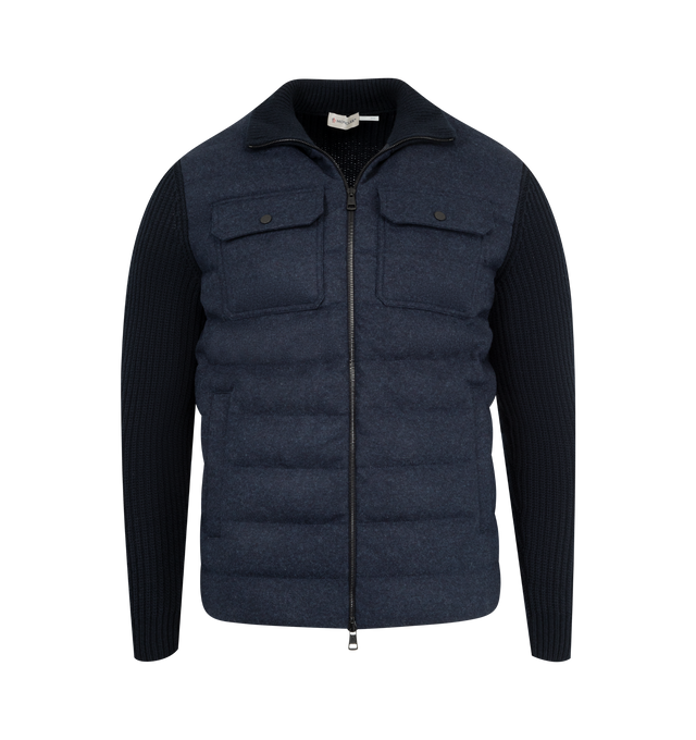 Image 1 of 3 - NAVY - Padded Wool Zip-up Cardigan featuring down-filled front, padded, rib knit, gauge 7, zipper closure, pockets with snap button closure and leather logo patch. 100% virgin wool. 100% polyamide/nylon. Padding: 90% down, 10% feather.